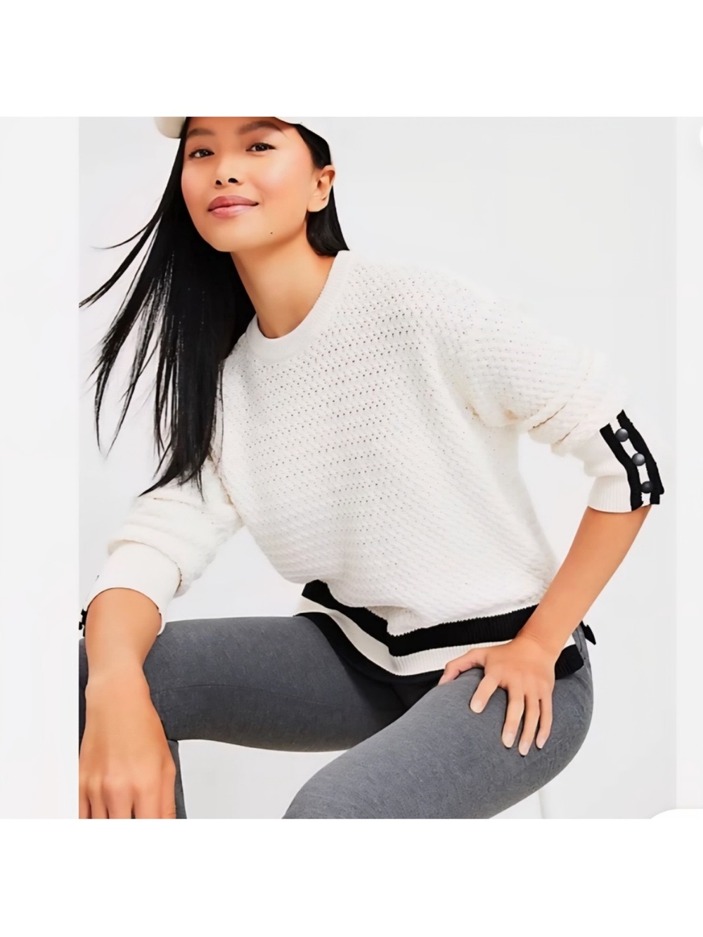 Cream Crewneck Sweater with Black Trim and Button-Tab Sleeves